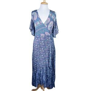 Karma Highway Paisley Print Slinky Maxi Wrap Dress w/Dramatic Sleeves Fits S-M